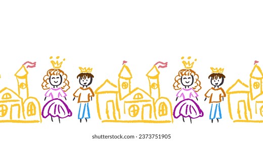 Cute seamless border. Drawings with wax crayons. Design for paper, fabric, interior decor and other use