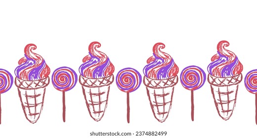 Cute seamless border. Drawings with wax crayons. Design for paper, fabric, interior decor and other use