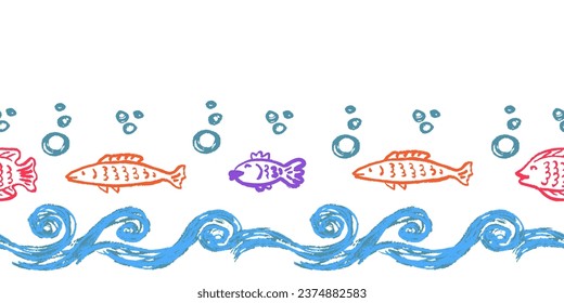 Cute seamless border. Drawings with wax crayons. Design for paper, fabric, interior decor and other use