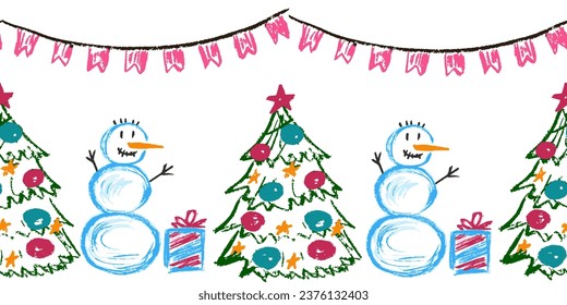 Cute seamless border. Drawings with wax crayons. Design for paper, fabric, interior decor and other use