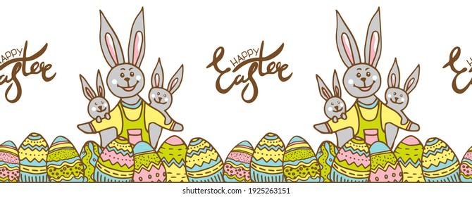 Cute seamless border horizontal with hare and bunnies, colored eggs and lettering Happy Easter. Cartoon animal character on white background. Hand drawn vector illustration for festive holiday design