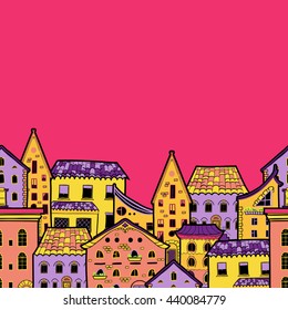 Cute seamless border made of houses in cartoon style, hand-drawn frame with place for text, can be used for invitations, postcards, flyers, cup, card, Eps 8