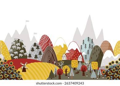Cute seamless border pattern with doodle hand drawn mountains and fields landscape. Creative children texture for kids fabrics, decor, wallpapers. Modern cartoon style vector illustration.