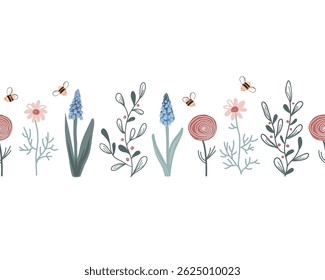 Süße nahtlose Grenze mit Frühlingsblumen und Bienen. Vektorgrafik einzeln