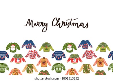 Cute seamless border of ugly sweaters. Christmas repeated pattern with knitted jumpers. Vector.