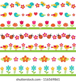 Cute seamless borders with birds and flowers