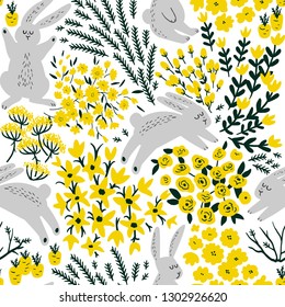 Cute seamless botanical fabric pattern with Easter bunny and forest flowers. Childish vector illustration.