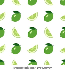 Cute seamless bright pattern of citrus fruits on a white background. Print with whole lime, slices and leaves. A set of fruits for a healthy lifestyle. Vector flat illustration of useful food