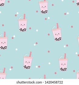 Cute seamless bubble milk tea pattern vector background.