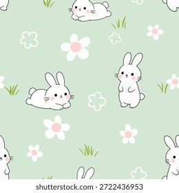 Lindo patrón de conejito sin fisuras con conejos blancos en poses lúdicas entre flores y hierba sobre fondo verde suave, diseñado para la decoración del vivero, impresiones de tela, papelería e ilustraciones para niños.