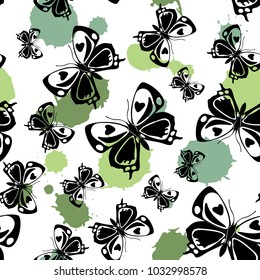 Cute seamless butterfly cloth pattern with green, jade and grass green blotters on white. Wildlife butterfly linen theme vector. Repeating insect fabric clipart for wallpaper.