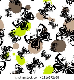Cute seamless butterfly cloth template with blotter on white. Spring butterfly linen theme vector. Repeating insect fabric artwork for textile.