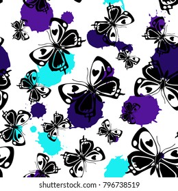 Cute seamless butterfly cloth template with cyan and violet blotter on white. Nature butterfly linen theme vector. Repeating insect fabric artwork for wrapping paper.