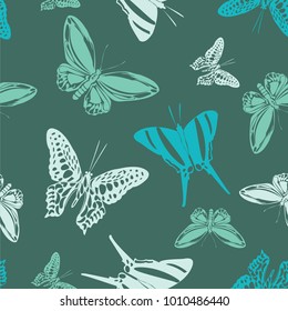 Cute seamless butterfly engraving pattern isolated on contrast back layer. Spring butterfly etching theme vector. Insect silhouette backdrop for marketing purpouses.