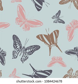 Cute seamless butterfly engraving pattern isolated on contrast back layer. Flying butterfly etching theme vector. Insect silhouette artwork for marketing purpouses.
