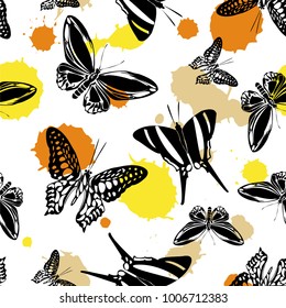 Cute seamless butterfly kite pattern with orange and yellow blotter on white. Nature butterfly hover theme vector. Repeating insect soar clipart for marketing purpouses.