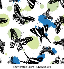Cute seamless butterfly kite pattern with blotter on white.  Season butterfly hover theme vector. Repeating insect soar backdrop for interior.