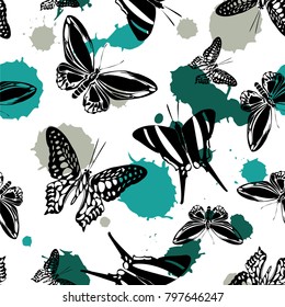 Cute seamless butterfly kite pattern with grey, green and blue blotter on white.  Season butterfly hover theme vector. Repeating insect soar backdrop for wallpaper.