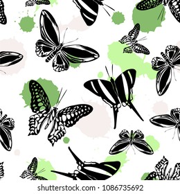 Cute seamless butterfly kite template with blotter on white. Season butterfly hover theme vector. Repeating insect soar artwork for advertising.