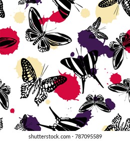 Cute seamless butterfly kite texture with red, violet and yellow blotter on white. Season butterfly hover theme vector. Repeating insect soar backdrop for wallpaper.