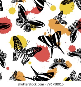 Cute seamless butterfly kite texture with orange, yellow and red blotter on white. Wildlife butterfly hover theme vector. Repeating insect soar clipart for marketing purpouses.