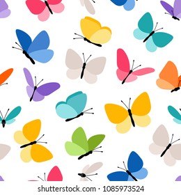 Cute seamless butterfly pattern. Spring colored butterflies flying in sky vector illustration