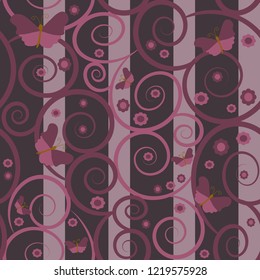 Cute Seamless Butterfly Pattern With Swirls and Flowers