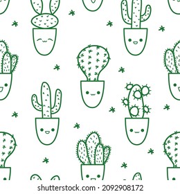 Cute seamless cactus doodle pattern outline. Cacti characters background with kawaii emotions. Vector illustration of sweet happy smiling succulents with thorns. Cactuses in flower pots texture