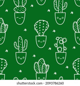 Cute seamless cactus doodle pattern outline. Cacti characters background with kawaii emotions. Vector illustration of sweet happy smiling succulents with thorns. Cactuses in flower pots texture