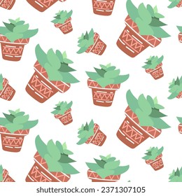 Cute seamless cactus pattern with plant pot on white background. Vector image of a petal prickly houseplant scattered rotated in different directions. Green cactus for printing on textiles and paper