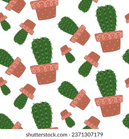 Cute seamless cactus pattern with plant pot on white background. Vector image of an elongated, prickly houseplant scattered rotated in different directions Green cactus for printing on textiles, paper