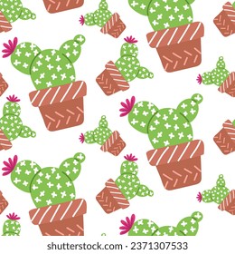 Cute seamless cactus pattern with plant pot on white background. Vector image of a flower prickly houseplant scattered rotated in different directions. Green cactus for printing on textiles and paper