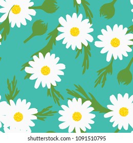 Cute Seamless Camomile Pattern. Light Flower Background with Leaves in Hipster Style. Vector Seamless Camomiles for Textile, Fabric, Cloth, Fashion Printing, Wallpaper, Gift, Wrapping, Tablecloth.
