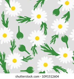 Cute Seamless Camomile Pattern. Light Flower Background with Leaves in Hipster Style. Vector Seamless Camomiles for Textile, Fabric, Cloth, Fashion Printing, Wallpaper, Gift, Wrapping, Tablecloth.