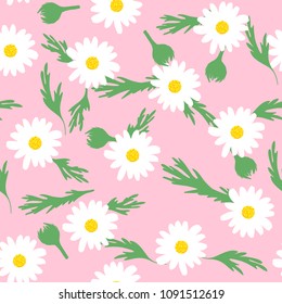 Cute Seamless Camomile Pattern. Light Flower Background with Leaves in Hipster Style. Vector Seamless Camomiles for Textile, Fabric, Cloth, Fashion Printing, Wallpaper, Gift, Wrapping, Tablecloth.
