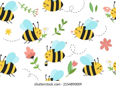 Rein nahtloses Muster der Karikatur mit duftenden Tulpen, Blumen und grünen Blättern. Sommerfloraler Hintergrund mit flachen Bienen für Drucke, Karten, Poster, Kindergarten, Babydusche, Vektorgrafik