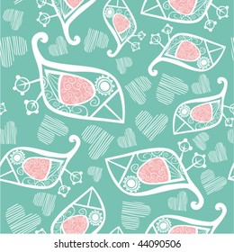 cute seamless with cartoon birds and hand-drawn hearts