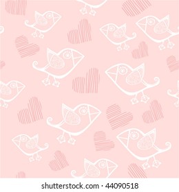 cute seamless with cartoon birds and hand-drawn hearts