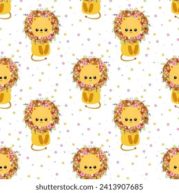 Cute seamless cartoon lion with flowers on white background. Nursery print