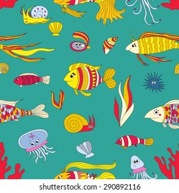 Cute seamless cartoon pattern in marine theme. Elements: fishes, jellyfishes, snails, oyster, corals