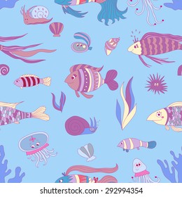 Cute seamless cartoon pattern in marine theme. Elements: fishes, jellyfishes, snails, oyster, corals.