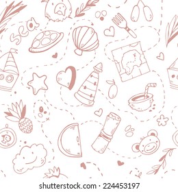 Cute seamless cartoon pattern with pirate treasure map,sea life,ship,fruits, parrot and monkey
