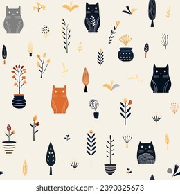 Cute seamless cat art decorated with potted plants.