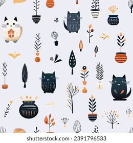 Cute seamless cat art decorated with potted plants.
