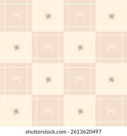 A cute seamless check pattern in delicate pastel beige colours with bows and stars. Perfect for tablecloths, kitchen and children's textiles, packaging, curtains