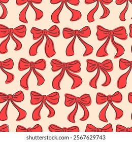 Cute seamless checkered pattern with bows. Composition with vintage bows and handmade ribbons. Pink ribbon on a light background. Vector print.