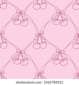 Cute seamless checkered pattern with cherries, ribbons and bows. Checkered linear hand drawn vector print. Romantic Valentine doodle vector illustration.