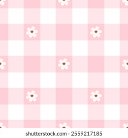 Cute seamless checkered pattern with flower. Vector Pastel background. Valentines day and love