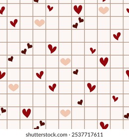 Nettes, nahtlos kariertes Muster mit roten Herzen, Valentinstag, Liebe, Stoffdruck, Leidenschaft, Papier