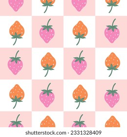 Cute seamless checkered pattern with strawberries. Vector graphics.